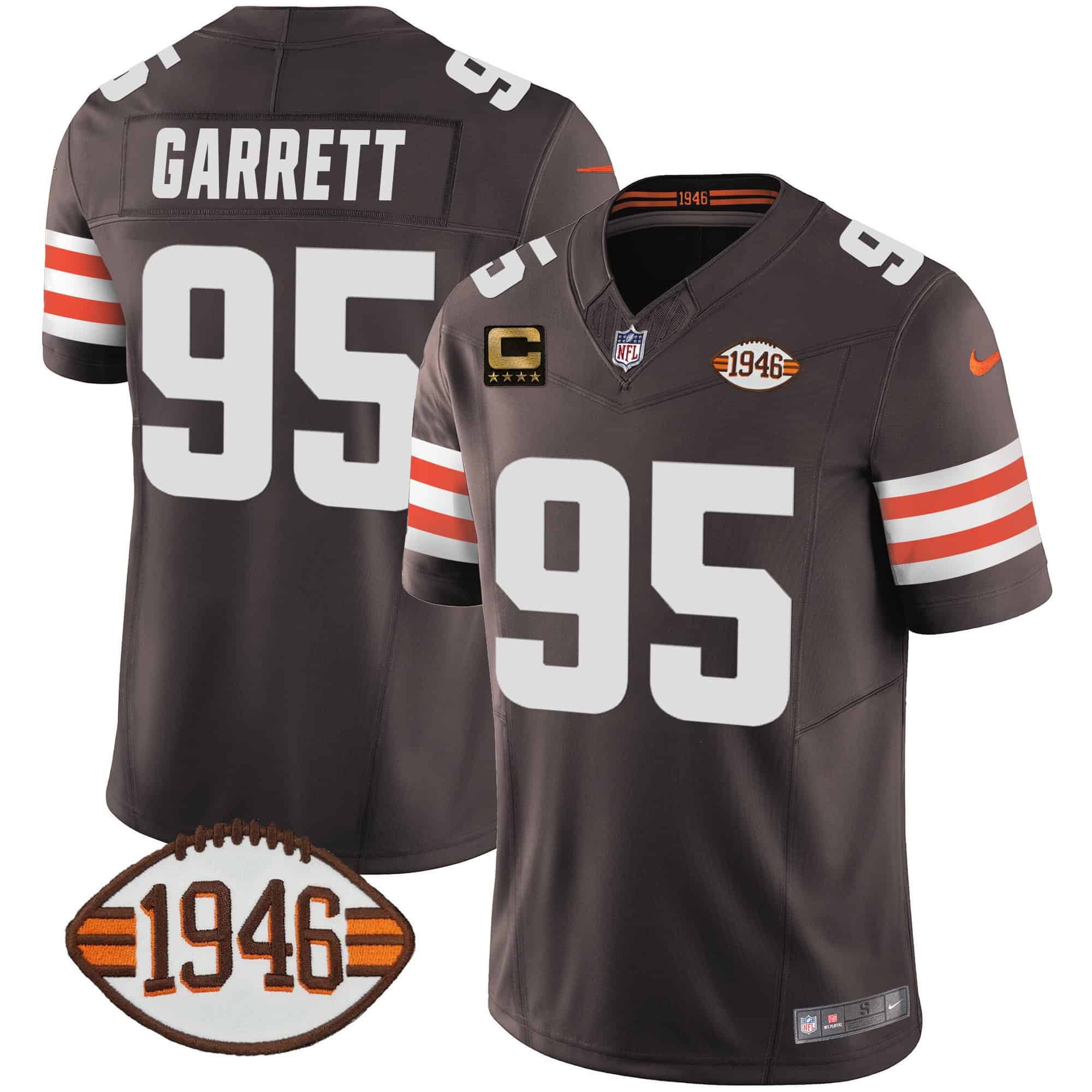 Men Cleveland Browns 95 Garrett Brown 1946 75th Anniversary Patch 2024 Nike NFL Jersey style 1